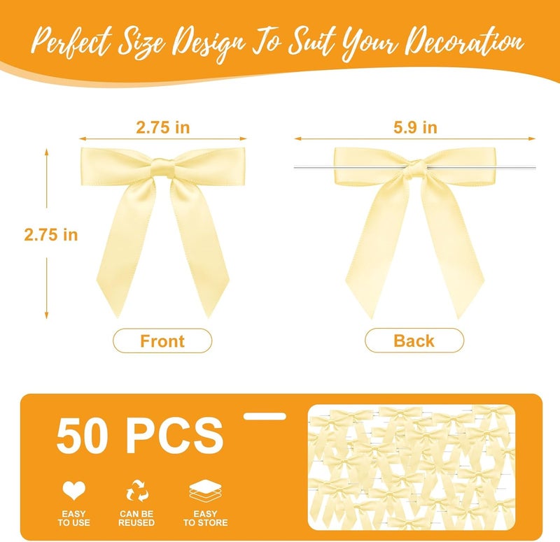 Sokfone Satin Ribbon Light Yellow Bow Decor 2.5" Premade Light Yellow Twist Tie Bows for Gift Wrapping Bow for Treat Bags Party Favors Wedding Decorations - 50 Counts - Image 3